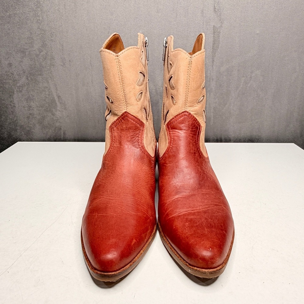 Lucky Brand Herzie Boots Womens 11 Red Tan Leather Cutout Western Ankle Boot New - Picture 4 of 10